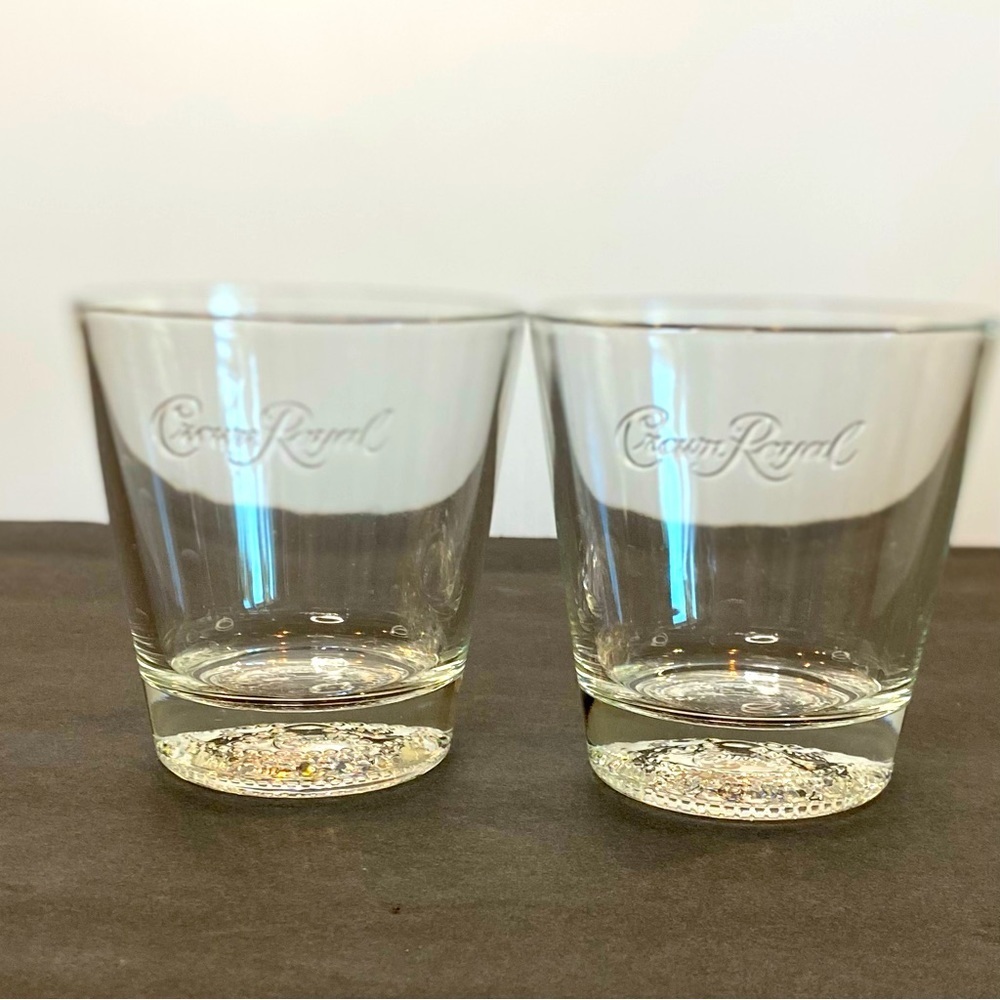 𝅺SET of 2 Crown Royal Whiskey Lowball Glass Tumblers Embossed